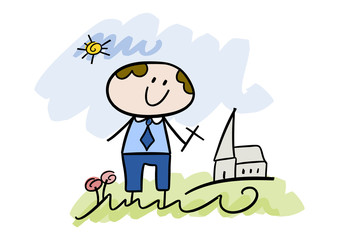 Bunte Zeichnung: Junge feiert Erstkommunion