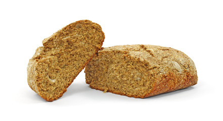 Home made rye bread loaf broken in half