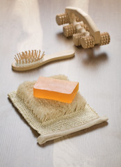 set of articles on wooden background