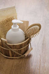 spa accessories on wooden background