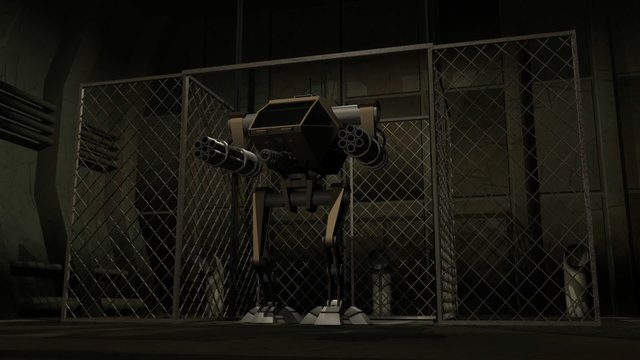 Animation of a futuristic robot stepping out of an elevator