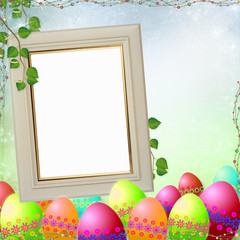 Spring or Easter background with frame,  Colorful easter eggs