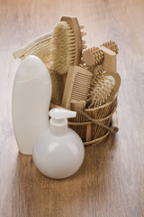 white bottles and wooden bucket
