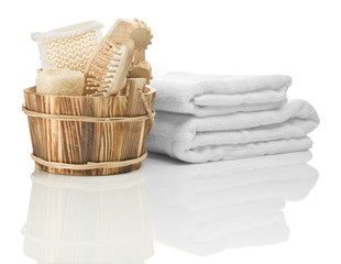wooden bucket and towels