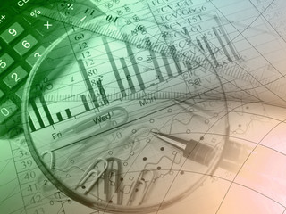 Pen, rulers and magnifier, in greens