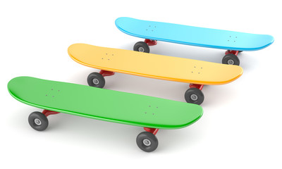 Green, yellow and blue skateboards isolated on white background