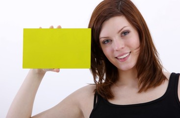 Woman with blank panel for advertising and text