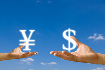 Small hand exchange Yen icon with Dollar icon
