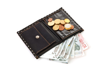 black wallet with euro money over white background