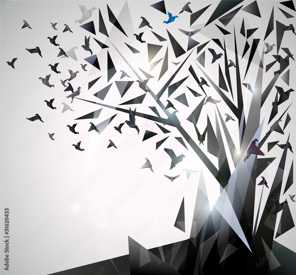 Poster abstract tree with origami birds.