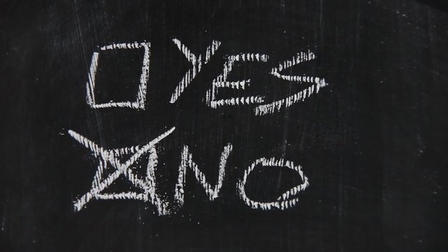 Male hand checking the box "NO" on a blackboard