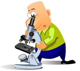 Funny man with microscope.