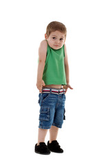 Fototapeta premium confused little boy lifting his shoulders