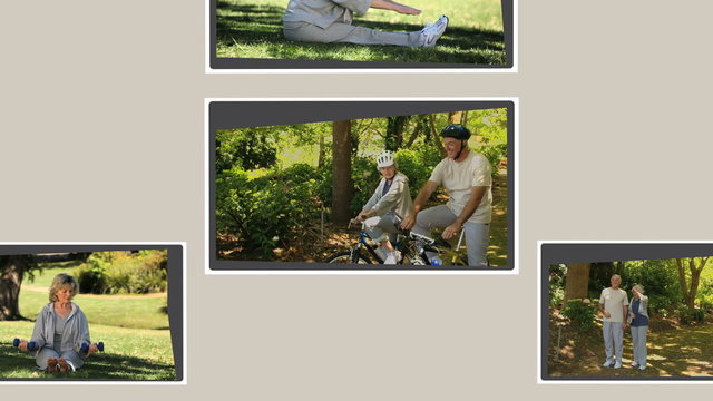 Montage of mature couples relaxing annd exercising