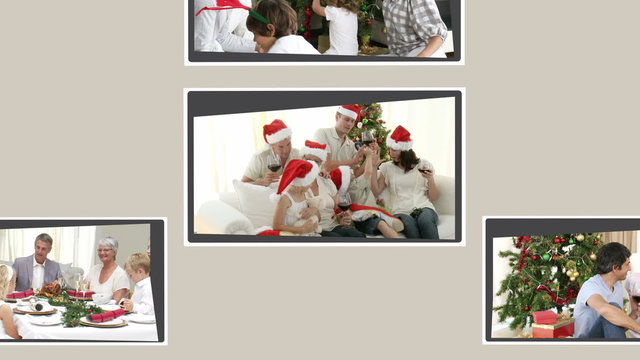 Montage of families celebrating Christmas Day together