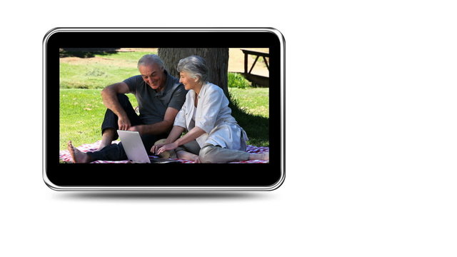 Montage of a retired couple relaxing outside