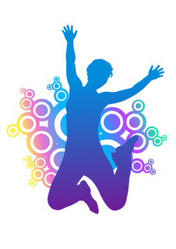 silhouette of jumping woman. rounded ornament behind silhouette.