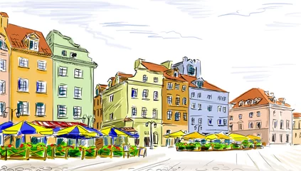 Papier Peint photo Lavable Café de rue dessiné illustration dessinée à la vieille ville