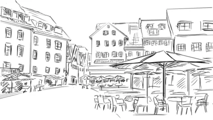 Papier Peint Lavable Café de rue dessiné illustration de croquis à la vieille ville