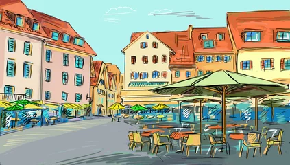 Tissu par mètre Café de rue dessiné illustration dessinée à la vieille ville