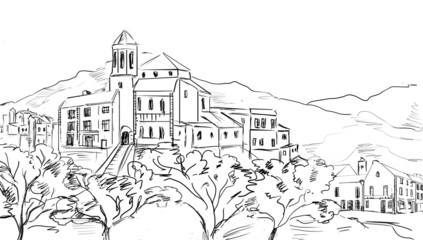 drawn illustration  to the old town - sketch