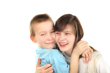 happy brother and sister laughing isolated on the white