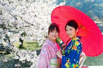 japanese kimono woman and traditional red umbrella