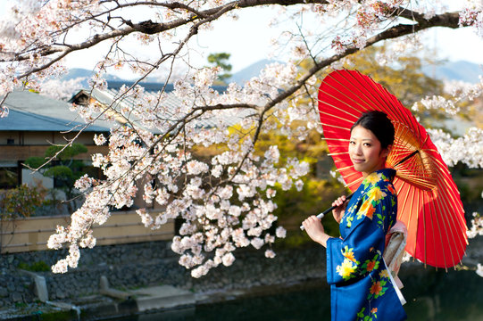 japanese kimono woman and traditional red umbrella
