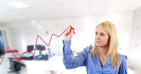 Businesswoman writing a graph with a red pen isolated on white