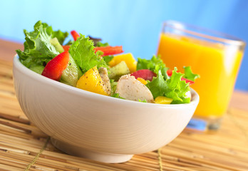 Chicken salad with lettuce, mango, bell pepper and cucumber