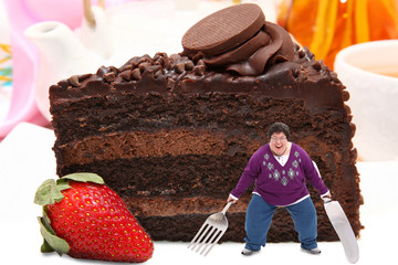 Woman on Giant Plate of Chocolate Cake