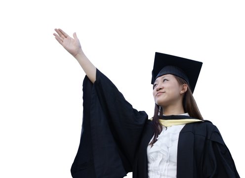 Happy asian lady graduate raise right arm on white