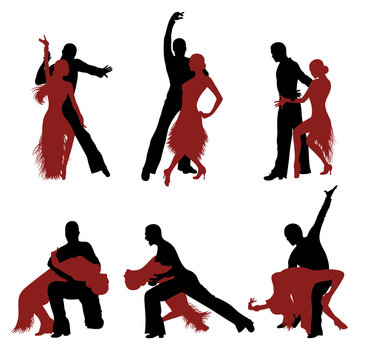 Set of  silhouettes of a dancing couple.