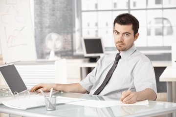 Fototapeta premium Young businessman working in office using laptop