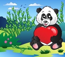 Cartoon panda holding heart outdoor
