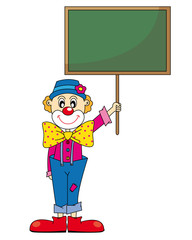 Payaso llevando un cartel.