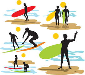 set vector surfers silhouettes