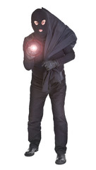 robber with flashlight and sack