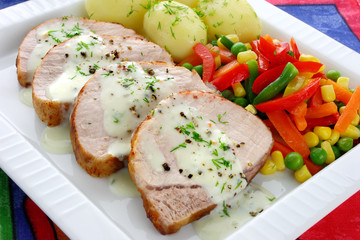 Pork meat with vegetables and sauce