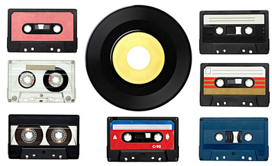 music audio tape and vinyl disc vintage
