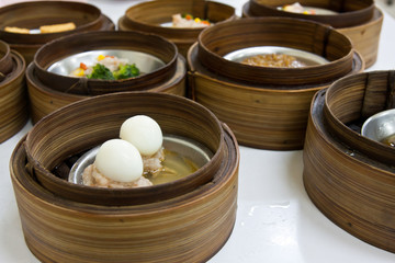 Egg Dimsum in bamboo container closed up