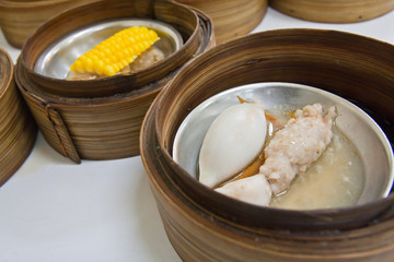 Squid Dimsum in bamboo container closed up