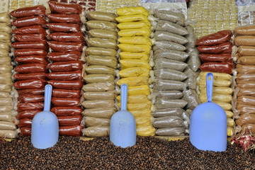 Stall of spices and coffee beans in the souk of Taroudant
