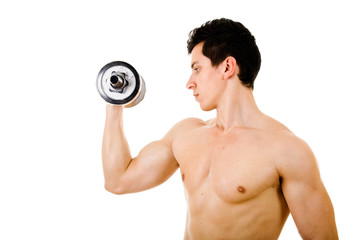 Fototapeta na wymiar Powerful muscular young man lifting weights
