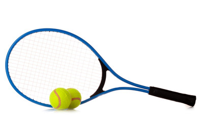 Tennis racket and ball on white background