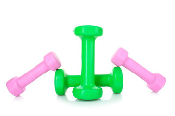 Pink and Green Dumbbells on the white background
