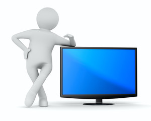 TV and man on white background. Isolated 3D image