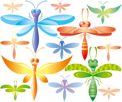 Set of colorful dragonflies