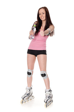 The beautiful young woman in rollerskates.
