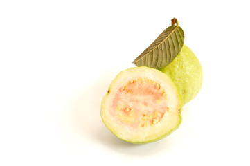 Pink Guava and leaf on isolated background.